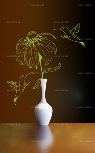 Sticker oiseaux en harmonie avec fleur. Sticker d�coup� � la forme dans vinyle de couleur unie. Ce sticker tout simplement magnifique fera un v�ritable tabac dans votre int�rieur. Disponible en diff�rentes tailles, ce dernier vous permettra de donner un c�t� d�cal� et humoristique dans votre maison. Libre � vous de jouer sur la mise en sc�ne de ce visuel.