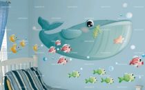 Sticker baleine et son ban de poissons