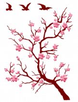 Stickers branche japonaise avec trois oiseaux imprim�s sur adh�sif avec d�coupe � la forme. Le cerisier japonais, une d�coration murale parfaite pour son c�t� zen.