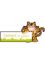 Sticker cadre pr�nom Gu�pard. Le sticker en plaque de porte ou en d�coration murale pour personnaliser la chambre de votre enfant.Visuel imprim� sur vinyle adh�sif d�coup� � la forme. Cr�ation Adna Morat.
