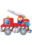 Sticker Camion de Pompier avec pompier en action imprim� sur adh�sif blanc avec d�coupe � la forme.