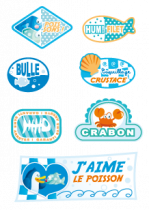 Sticker �cussons poissons, coquillage et crustac�. Imprim� sur adh�sif avec d�coupe � la forme.