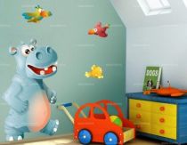 Sticker d�coratif enfant Monsieur Hippo imprim� sur adh�sif d�coup� � la forme.