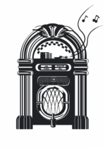 Sticker mural Jukebox d�coup� � la forme dans vinyle de couleur unie. Attention �a va swinger! (la hauteur du sticker comprend le jukebox et la vague de notes de musique)