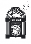 Sticker mural Jukebox d�coup� � la forme dans vinyle de couleur unie. Attention �a va swinger! (la hauteur du sticker comprend le jukebox et la vague de notes de musique)