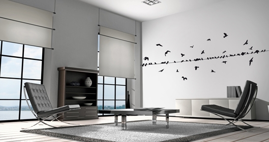 Sticker oiseaux d�coup� � la forme dans vinyle adh�sif uni. Cette planche de stickers vous permettra de r�aliser le d�cor de votre choix avec une envoll�e d'oiseaux.