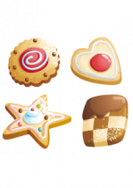 Sticker petits g�teaux. Imprim� sur adh�sif avec d�coupe � la forme.