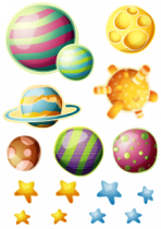 Sticker Espace : 8 �toiles et 7 plan�tes. Stickers d�coratifs enfant imprim�s sur adh�sifs d�coup�s � la forme.