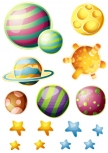 Sticker Espace : 8 �toiles et 7 plan�tes. Stickers d�coratifs enfant imprim�s sur adh�sifs d�coup�s � la forme.