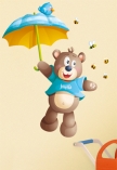 stickers d�coratif enfant. Paulo l'ourson et son parapluie entour� de 5 abeilles. Imprim�s sur adh�sif et d�coup�s � la forme.