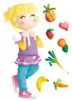 Sticker \"Emily la mimi\" raffole des fruits et l�gumes imprim� sur adh�sif avec d�coupe � la forme.