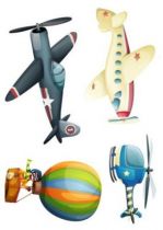 Stickers enfants. Ensemble quatre appareils volants imprim�s sur adh�sif d�coup� � la forme. Des stickers pour d�corer les murs de vos enfants amateurs d\'avions, une d�co tendance.