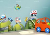 Stickers d�coratifs enfants Ensemble cinq v�hicules imprim�s sur adh�sif d�coup� � la forme.