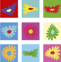 9 stickers fleurs pop art imprim�s sur adh�sif blanc avec d�coupe �  la forme. Les carr�s de couleurs sont tous ind�pendants, ils peuvent �tre pos�s comme pr�sent� ou comme bon vous semble.