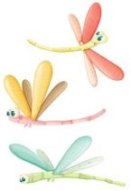 Stickers trois libellules, pour d�corer et animer une chambre d\'enfant ou cr�er une d�coration unique avec des couleurs douces et pastels. Ce sticker apportera une touche de nature et permettra de cr�er un d�cor nature sur les murs des chambres d\'enfants.  Sticker imprim� sur du vinyle adh�sif et d�coup� � la forme. Gamme de stickers enfants Jardin secret, cr�ation Kmiep.