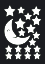 Stickers lune �toil�e d�coup�s � la forme dans vinyle adh�sif luminescent. 1 sticker lune, 18 stickers �toiles.