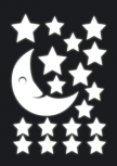 Stickers lune �toil�e d�coup�s � la forme dans vinyle adh�sif luminescent. 1 sticker lune, 18 stickers �toiles.