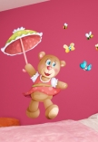 stickers muraux enfants. Marie l'ourson et son ombrelle entour�e de papillons et d'abeilles. stickers muraux enfants imprim�s sur adh�sifs et d�coup�s � la forme.