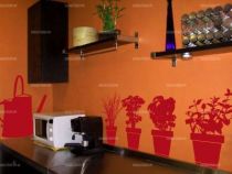 Stickers herbes aromatis�es d�coup�s � la forme dans vinyle de couleur unie. Comprend 4 stickers pots d\'herbes aromatis�es et un sticker arrosoir.