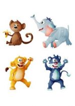 Stickers d�coratifs enfants quatre b�b�s animaux de la jungle imprim�s sur adh�sifs d�coup�s � la forme.